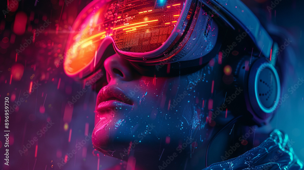Adult wearing VR headset in dark room. VR concept. Generative AI. Adult wearing VR headset in dark room. VR concept. Generative AI.