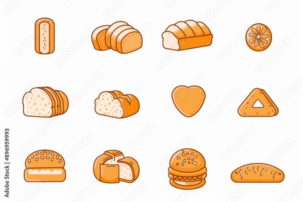 Bread loaves icon, bakery products set, flat minimal pastry collection, baked buns, baguettes symbols