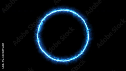 Glowing blue circle frame background animation. Bright vibrant plasma ring motion graphics. Energy light effect isolated on black backdrop fit for technology, event, show, music, video 