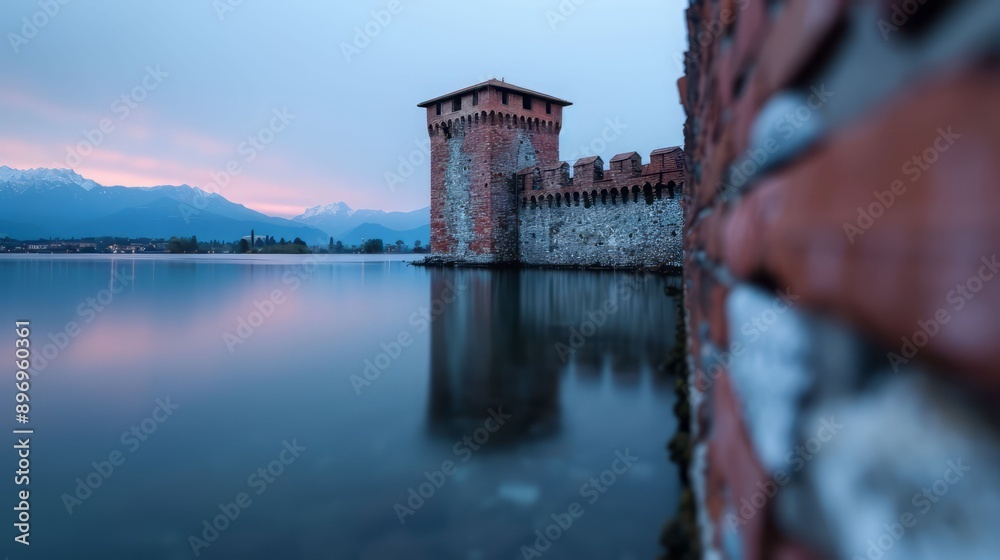 Obraz premium A serene view of a historic castle reflected in calm waters during twilight, surrounded by majestic mountains.