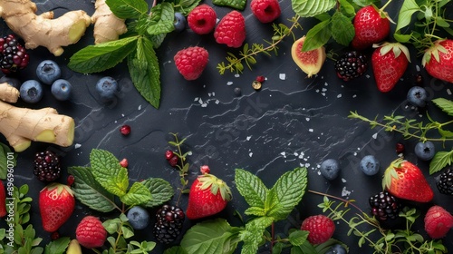 A flat lay of assorted berries, ginger, and fresh herbs on a dark stone background photo