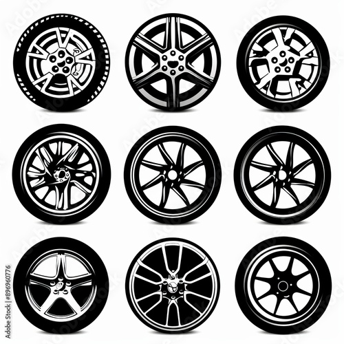 Car wheels icon, tire silhouettes, rim symbol, auto wheels sign, car tyre pictograms, minimal