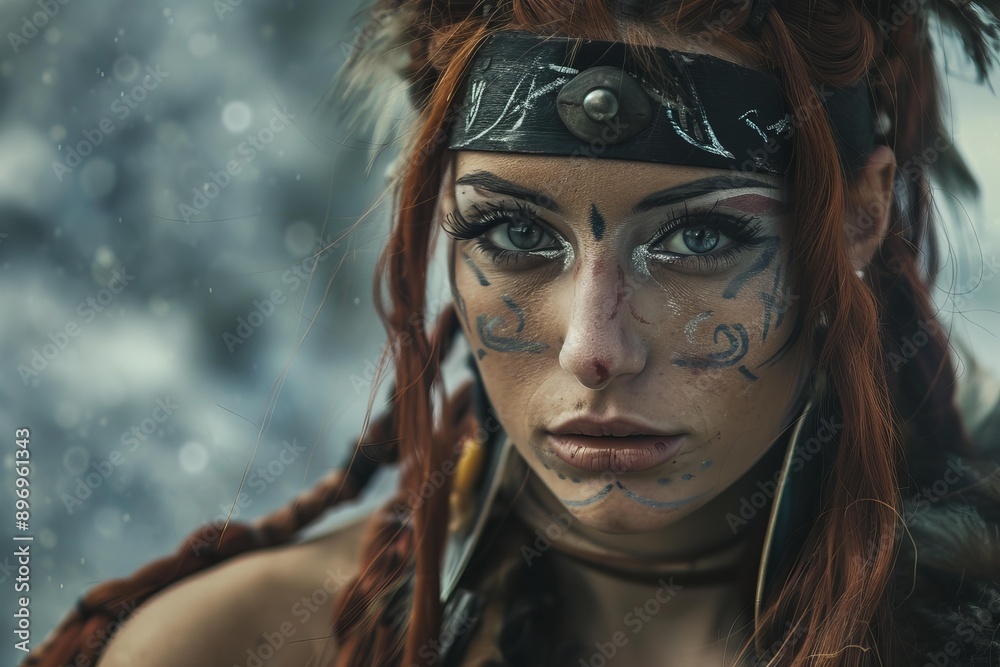 Fierce redhead warrior woman with tribal bodyart is posing in the snow Fierce redhead warrior woman with tribal bodyart is posing in the snow
