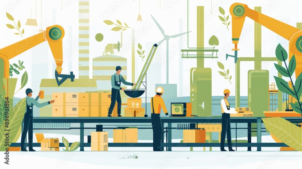 Portray the importance of sustainability in industrial practices with images of workers implementing eco-friendly initiatives in manufacturing facilities. Portray the importance of sustainability in industrial practices with images of workers implementing eco-friendly initiatives in manufacturing facilities.