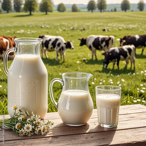 Glass containers filled with milk on a tablecloth in the grass with dairy cows in the background on a sunny meadow. Horizontal composition. photo