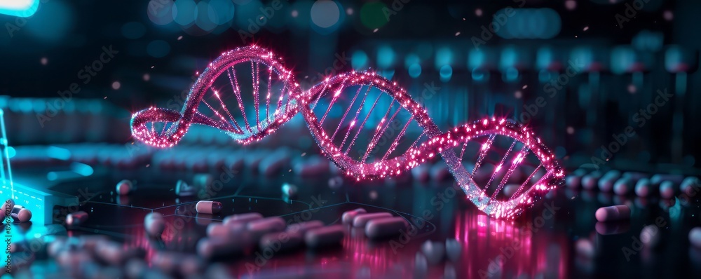 Visual representation of DNA strand with glowing elements, embodying themes of science, genetics, and technology. Visual representation of DNA strand with glowing elements, embodying themes of science, genetics, and technology.