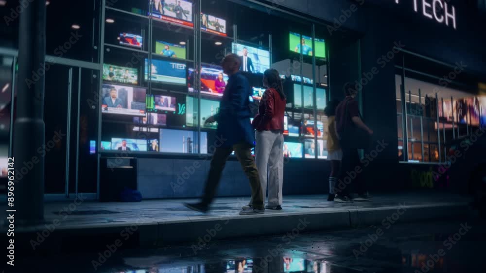 Female Standing with Her Back to Camera, Watching Multiple Broadcasts on a Storefront TV Display at Night. Channels Showing Sports, News, Movies, Entertainment Shows. People Walking on a Street Female Standing with Her Back to Camera, Watching Multiple Broadcasts on a Storefront TV Display at Night. Channels Showing Sports, News, Movies, Entertainment Shows. People Walking on a Street