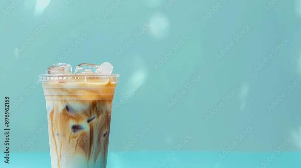 Ice milk coffee in cup plastic with ice cube clean blue background. Blank space for text, copy space. Food and drink photography for background, wallpaper, product promotion, advertisement.