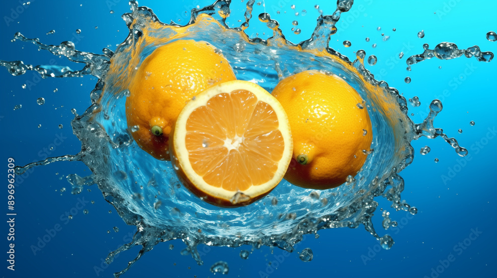 Sliced lemon in the water on blue background Sliced lemon in the water on blue background
