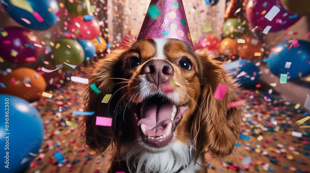 Happy cute dog wearing a party hat celebrating at a birthday party, surrounding by falling confetti Happy cute dog wearing a party hat celebrating at a birthday party, surrounding by falling confetti