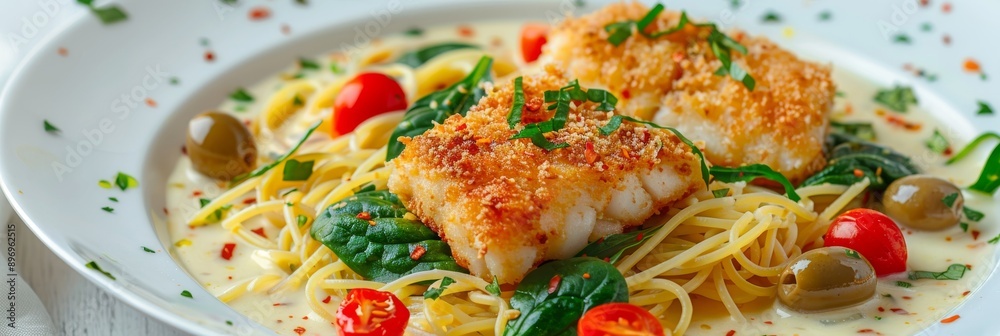 Fried Sea Cod Fillet with Spaghetti on White Restaurant Plate, Breaded Atlantic Codfish Filet Fried Sea Cod Fillet with Spaghetti on White Restaurant Plate, Breaded Atlantic Codfish Filet