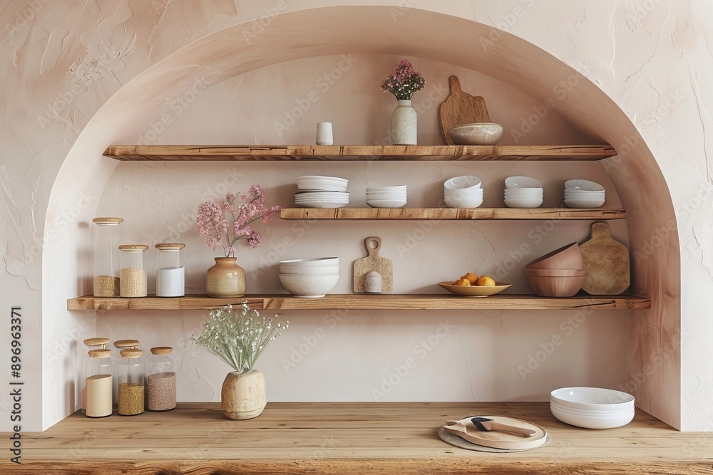 Kitchen interior with wooden shelves and shelfs. Kitchen interior with wooden shelves and shelfs.