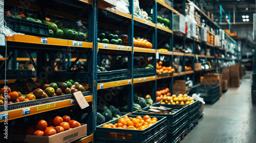 Fototapeta Naklejka Na Ścianę i Meble -  Warehouse with shelves stocked with varieties of fruits and vegetables in crates and boxes for storage or distribution.