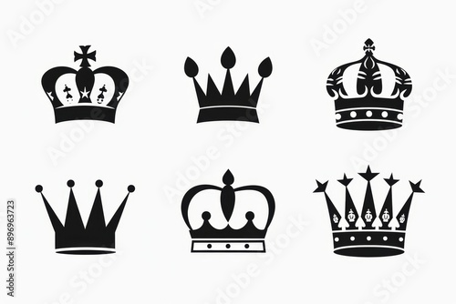 Crown icon, king symbol, princess black sign, queen, royal emblem, royalty, minimal crown logo isolated