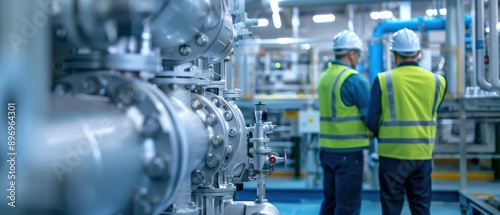 Engineers conducting inspection of machinery at water treatment facility