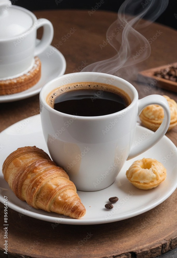 A close-up shot of a steaming cup of coffee with a delicious pastry on a plate beside it. A close-up shot of a steaming cup of coffee with a delicious pastry on a plate beside it.