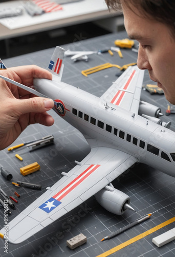  A close-up shot of someone meticulously building a complex model airplane. 