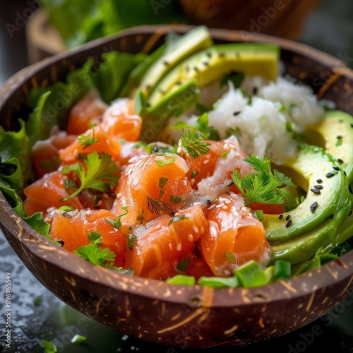 Exotic Salad with Smoked Salmon, Avocado and Coconut Closeup, Raw Sliced Red Fish Salat photo