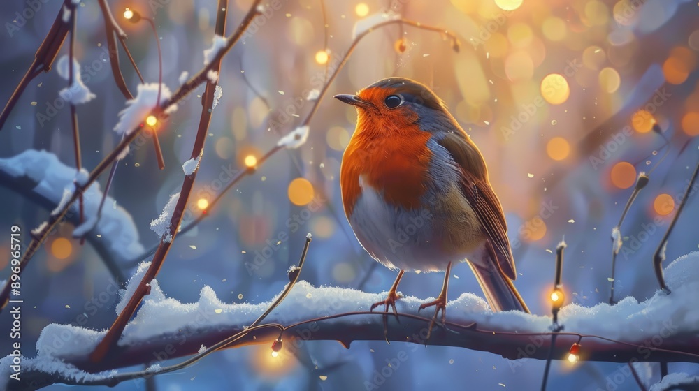 Robin redbreast bird sitting on a tree branch in the winter garden with fairy lights