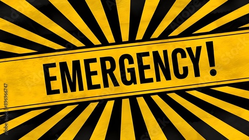 Emergency label banner with a bold yellow and black color scheme, striped patterns that create a sense of urgency, simple and effective design.