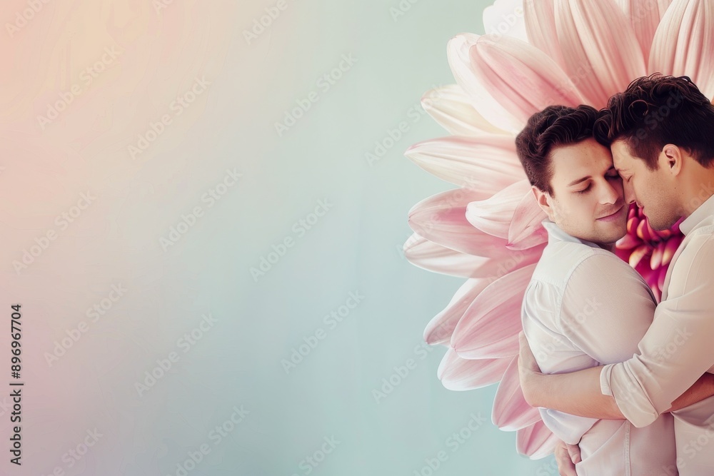 Gay Hugging, Two Men are Embracing in Flowers, Boyfriend Couple Hugging, Blurred Background
