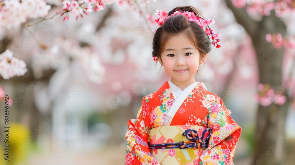 Little Girl in Colorful Kimono Among Cherry Blossoms Little Girl in Colorful Kimono Among Cherry Blossoms