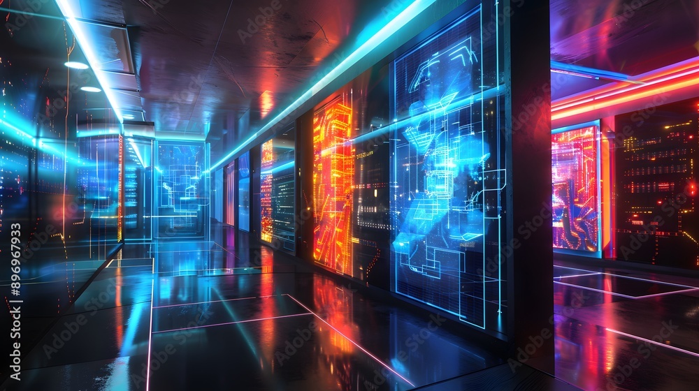 Futuristic Server Room with Neon Lights and Data Visualizations Futuristic Server Room with Neon Lights and Data Visualizations
