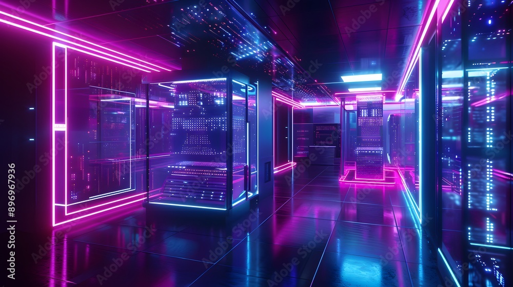 Futuristic Server Room with Neon Lights Futuristic Server Room with Neon Lights