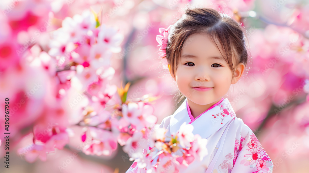 Little Girl in Kimono Among Cherry Blossoms Little Girl in Kimono Among Cherry Blossoms