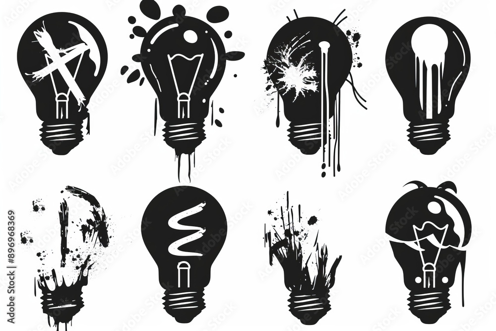 Graffiti light bulbs, black lamp icon silhouettes set, lightbulbs graffiti spray isolated, minimal black and white Graffiti light bulbs, black lamp icon silhouettes set, lightbulbs graffiti spray isolated, minimal black and white