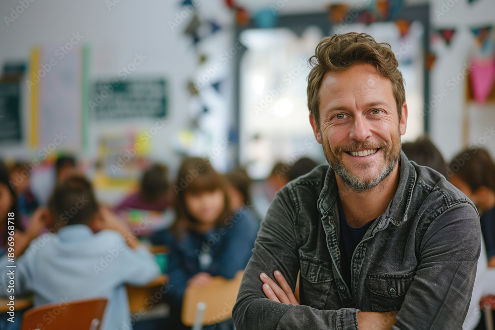 Obraz premium Smiling male teacher with arms crossed in a classroom full of attentive young students. Education, classroom environment, teaching, learning, elementary school, children's education, mentorship.