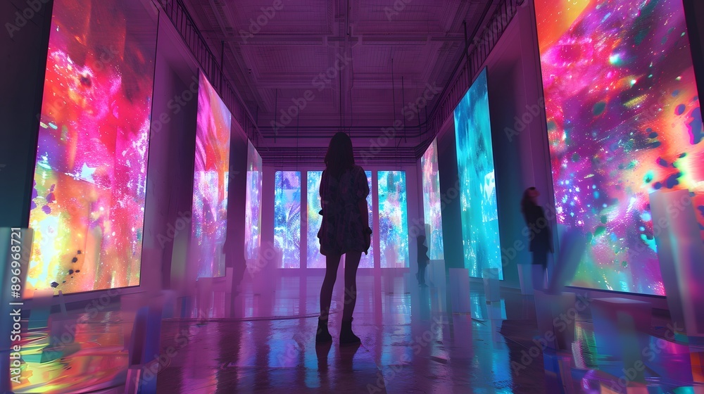 Woman Standing in a Hallway Surrounded by Neon Light Displays Woman Standing in a Hallway Surrounded by Neon Light Displays