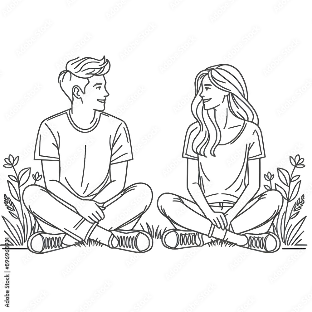 Line art where lovers sit on the grass and look at each other. Generative ai Line art where lovers sit on the grass and look at each other. Generative ai