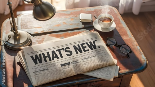 A freshly printed newspaper sits atop a distressed wooden desk, with the headline 