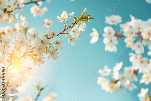 Blossoming Cherry Branches Against Sunny Blue Sky with Space for Text