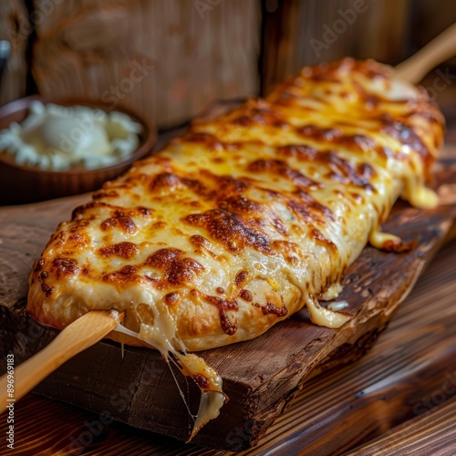 Grilled Khachapuri, Traditional Georgian Long Bread on a Skewer Fried on Grill with Melted Burnt photo