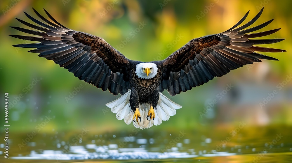 Fototapeta premium Majestic bald eagle soaring over water with wings spread wide against a beautifully contrasting backdrop. 