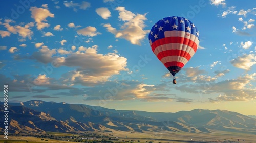 American Flag Hot Air Balloon over Rocky Mountains at Albuquerque International Balloon Fiesta photo