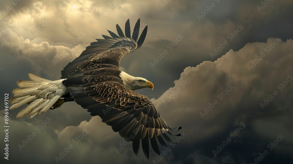 Obraz premium A bald eagle in flight against a backdrop of storm clouds. List of Art Media Minimalist realistic 