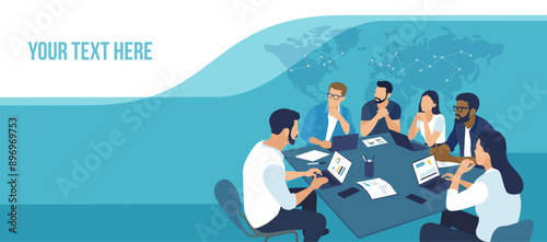 Template. Global business. Business vector illustration. The team discusses in front of world map.