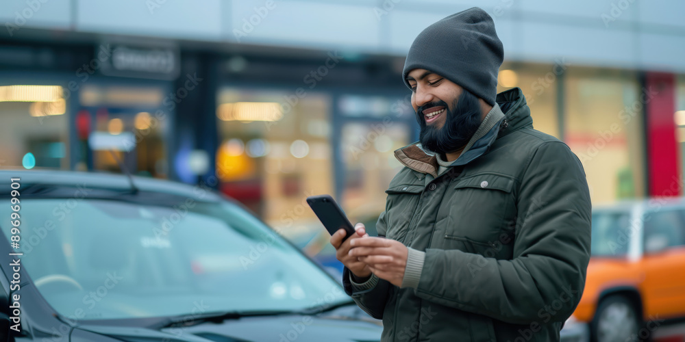 A smiling Uk sikh man using a smartphone to purchase a car outside a showroom A smiling Uk sikh man using a smartphone to purchase a car outside a showroom
