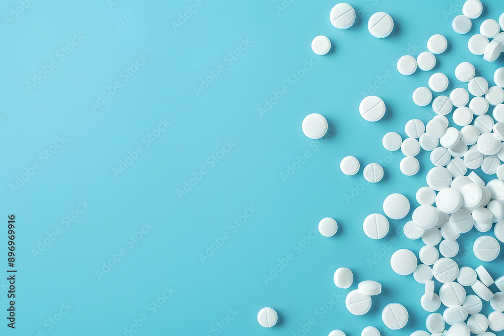 Close-Up of White Pills on Blue Background with Space for Text Close-Up of White Pills on Blue Background with Space for Text