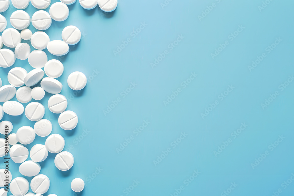 Close-Up of White Pills on Blue Background with Space for Text Close-Up of White Pills on Blue Background with Space for Text