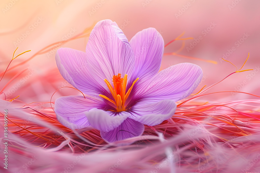 Close-Up of Vibrant Purple Saffron Flower Blooming Amidst Threads with Dreamy Background
