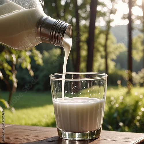 Glass containers filled with milk on a tablecloth in the grass with dairy cows in the background on a sunny meadow. Horizontal composition. photo