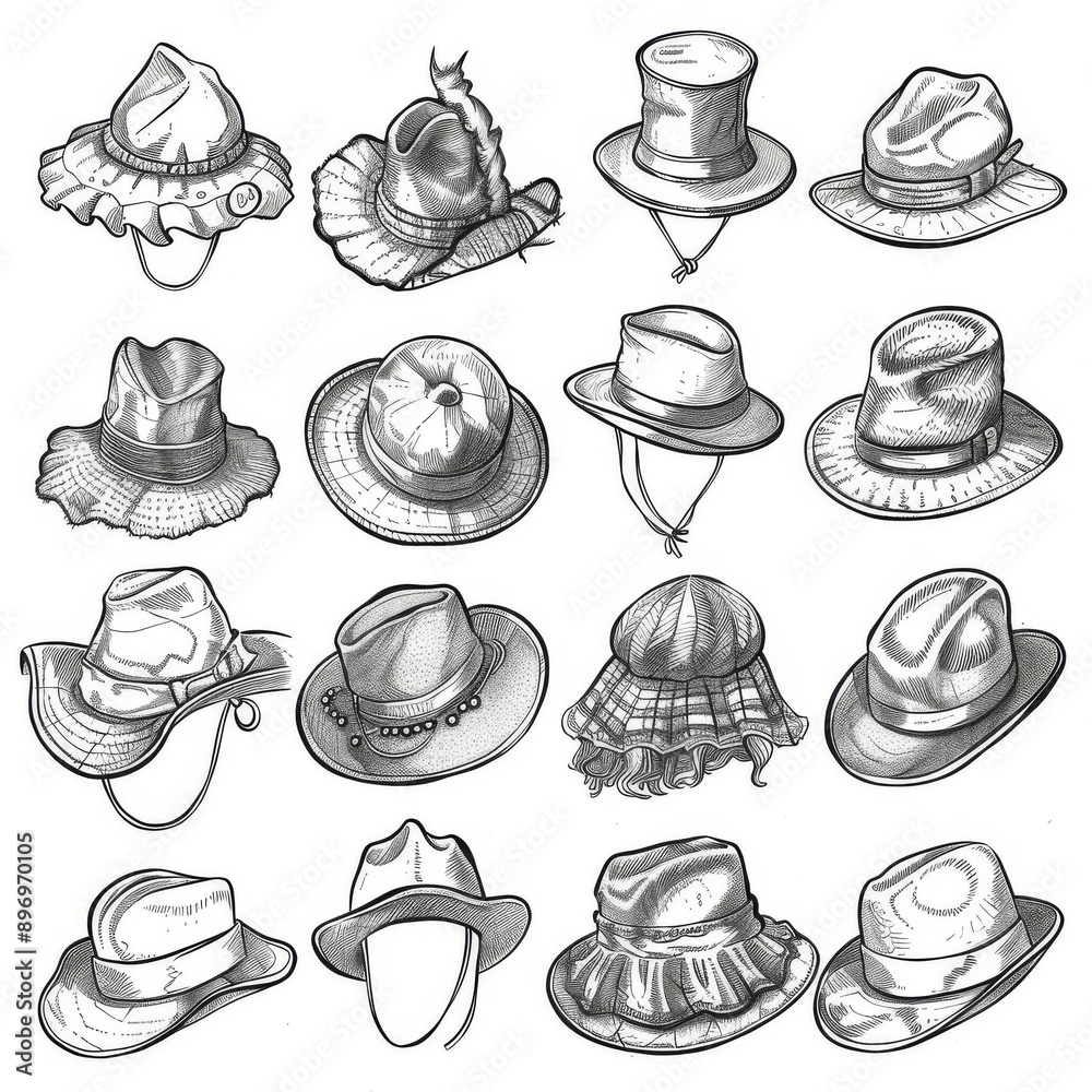 Doodle hats set, bonnet, beret, fedora linear drawings collection Doodle hats set, bonnet, beret, fedora linear drawings collection