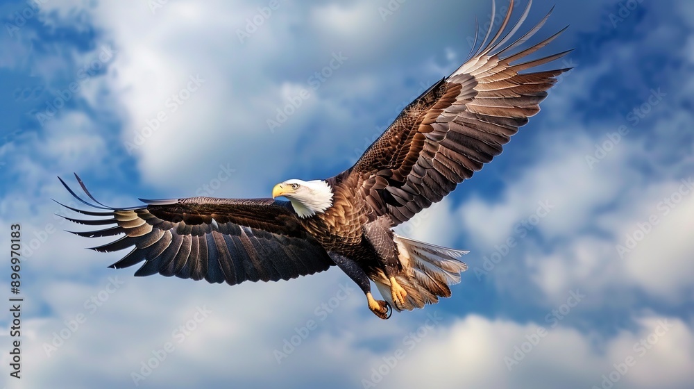 Naklejka premium a majestic bald eagle flying on blue sky background 