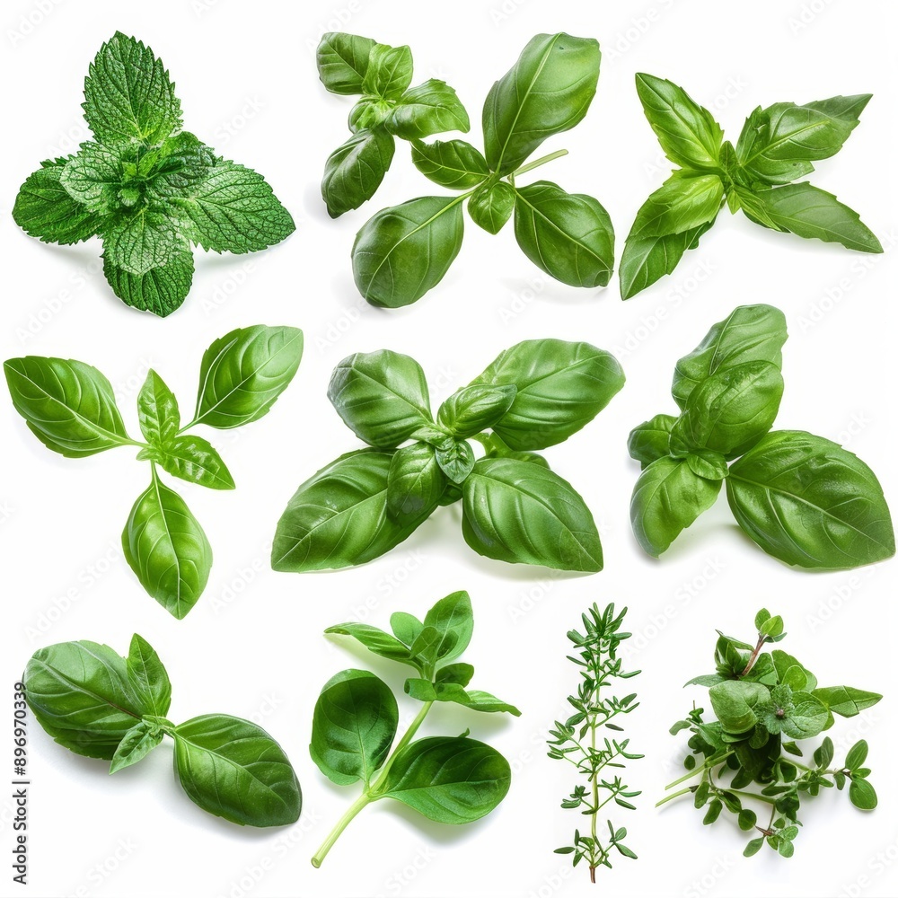 Fresh herbs set isolated, parsley, basil leaves, thyme, mint seasoning, raw green condiment sprig collection Fresh herbs set isolated, parsley, basil leaves, thyme, mint seasoning, raw green condiment sprig collection