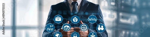 Safety First Concept: Businessman Surrounded by Security Icons Emphasizing Workplace Protection. Illustrating Warning, Health, Verification, and Compliance Symbols for Regulatory and Insurance Conside photo