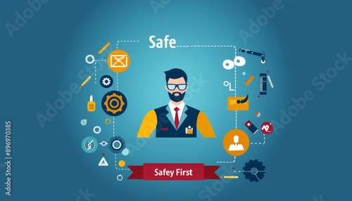 Safety First Concept: Businessman Surrounded by Security Icons Emphasizing Workplace Protection. Illustrating Warning, Health, Verification, and Compliance Symbols for Regulatory and Insurance Conside photo